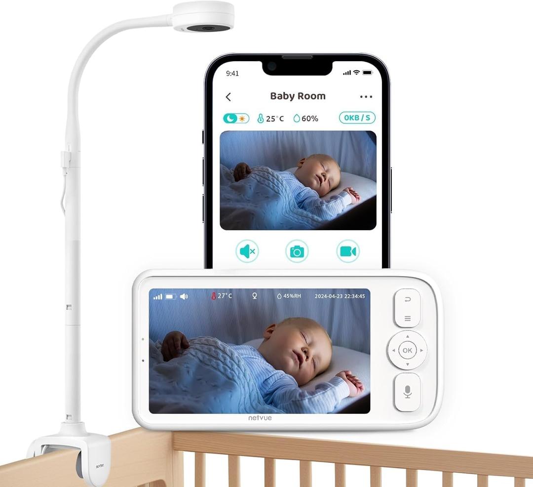 Baby Monitor with Camera and Audio, 5 Screen & App, 2.4GHz WiFi Secure Link, Sleep Tracking, Cry Detection, Night Vision, Temp & Humidity Monitor, 2-Way Talk, 5GB Cloud Storage, 4-in-1 Mount