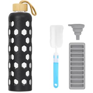 32 oz Glass Water Bottle with Bamboo Lid, Reusable Clear Drinking Bottles with Silicone Sleeve and Time Marker, Motivational Glass Tumbler with Funnel and Ice Tray, BPA Free (Black-1 Pack)
