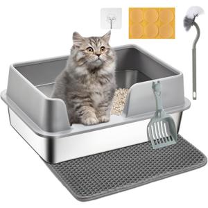 Stainless Steel Litter Box - Cat Metal Litter Box with Splash-Proof Lid, Easy Cleaning & Odor-Less with Double Layer Litter Mat, Litter Scoop, Brush, 20 x14