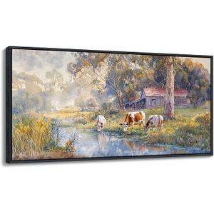 JEAWA Framed Canvas Wall Art - 20x40 IN Watercolor Landscape Painting Ready to Hang, Country Picture with Wooden House and Green Trees, Cow Art Prints for Bedroom Bathroom Home Decoration
