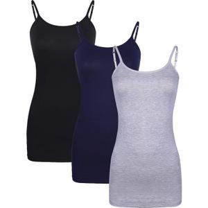 WILLBOND 3 Pieces Women Basic Long Tanks Adjustable Spaghetti Strap Camisole Top (X-Large, Black, Dark Blue and Grey)