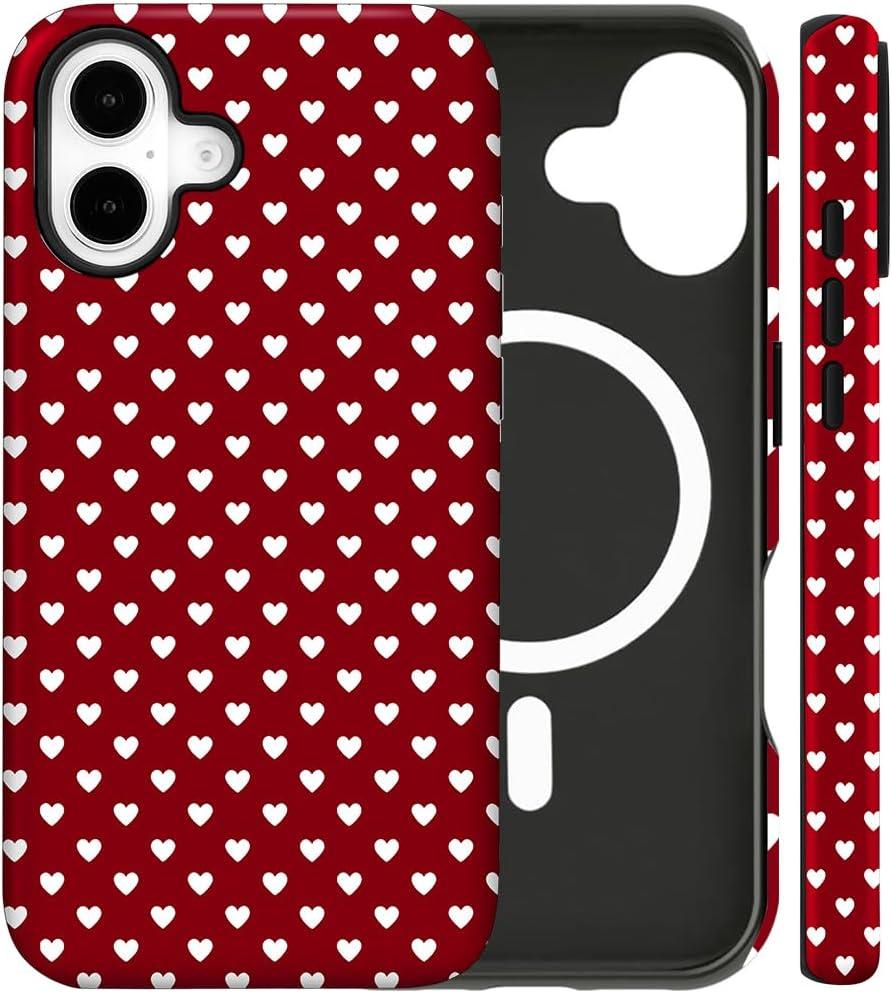 Magnetic for iPhone 16 Case Cute Love Heart Polka Dot Phone Case, Shockproof Slim TPU and Hard PC Protective Phone Cover Compatible with MagSafe Designed for Women Girls Love, Red