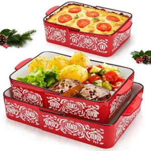 Eorbow Ceramic Baking Dish Set 2 Pack, Non-stick Deep Casserole Pans for Oven, Microwave & Dishwasher, Rectangular Lasagna Bakeware with Heat-Resistant Handles, 2 Sizes ( 12.8, 9.5 Inch) for Holiday Cooking Cake Pasta