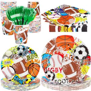 Durony 144 Pieces Sports Themed Paper Plates and Napkins Dinnerware Set Sports Birthday Party Tableware Paper Plates Napkins Forks Serve 24 for Rugby Baseball Basketball Soccer Party Supplies