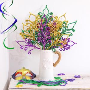 8 Pcs Mardi Gras Decoration Carnival Picks Ornaments Artificial Glitter Berry Stems Tree Decor 15.75 Inches Purple Green and Gold Branches for Mardi Gras Tree Table Party Decor(Pointed)