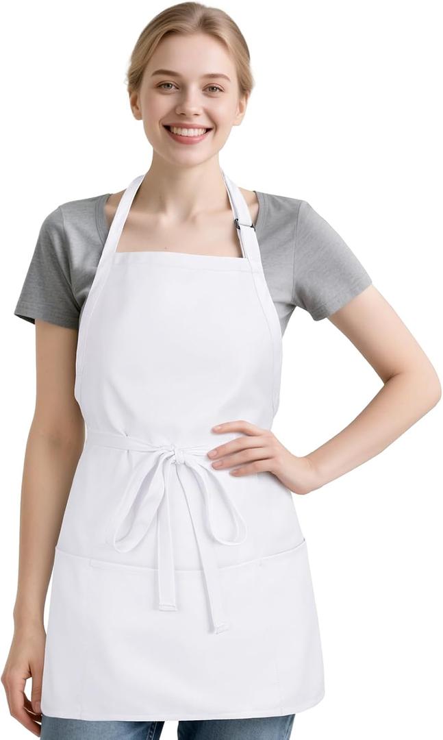 NLUS Kitchen Cooking Apron with 3 Pockets, Adjustable Bib Apron Chef Aprons for Women Men (White)