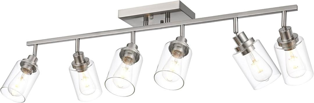 6 Light Track Lighting Kit Brushed Nickel Kitchen Track Lighting Fixtures Ceiling Mount Bathroom Vanity Wall Scones Light Fixture with Clear Glass, Rotatable Spotlight for Kitchen Shop Hallway