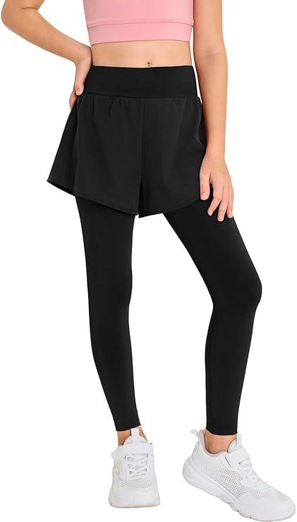 Haloumoning 2 in 1 Girls Leggings with Shorts Kids High Waist Colorblock Athletic Yoga Dance Pants 7-8 Years