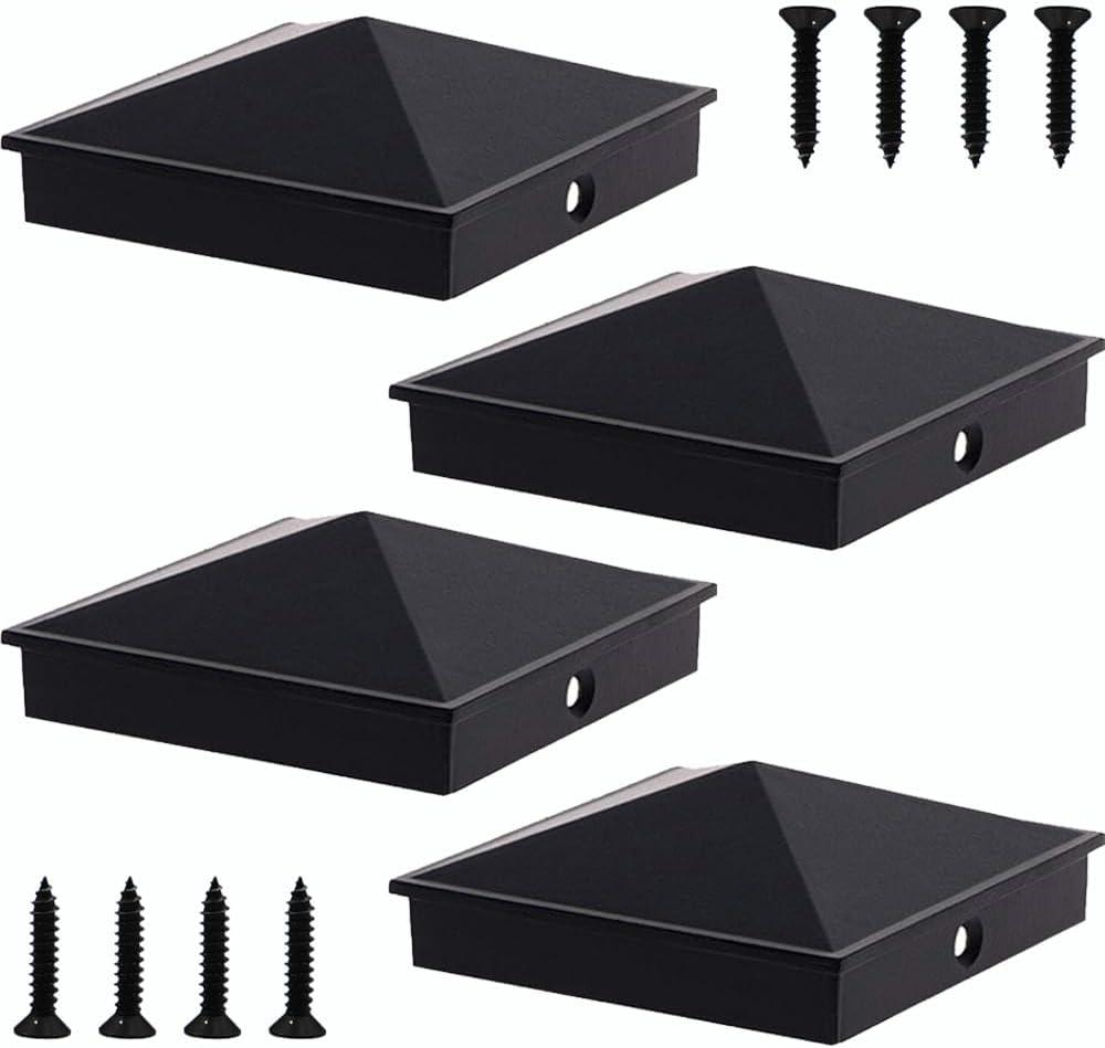 Azdele 4x4 Heavy Duty Aluminum Pyramid Post Caps Cover for 4x4 Nominal Wood Post(True 3.5" x 3.5"), with Matte Finish Powder Coated Surface, for Fence Wood Post of Decks or Corridors Black 4 Pack