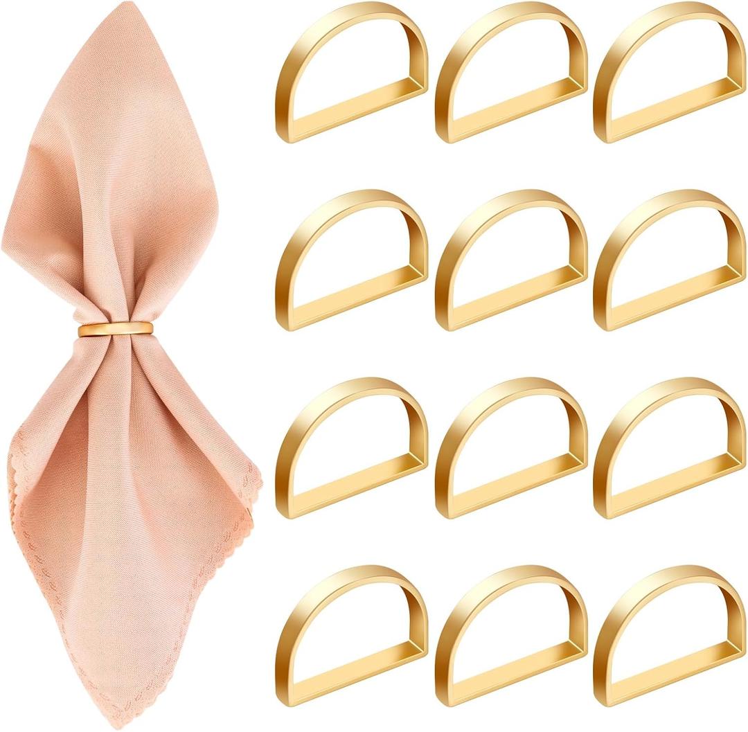 12 Pieces Gold Napkin Rings Stainless Steel Napkin Rings Metal Napkin Ring Holders Serviette Buckles Metallic Adornment for Wedding Dinner Parties Banquet Table Settings (Gold Semicircle)