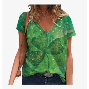 Melliflo Women's St. Patrick's Day Shirts V Neck Green Lucky Clover Top Short Sleeve Printed Tee Shirt,M