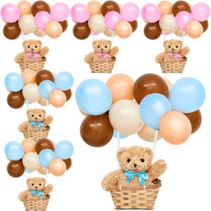 Hollowfly 6 Set Bear Baby Shower Party Centerpieces Table Decoration 6 Gender Reveal Stuffed Plush Bears 6 Bamboo Baskets 60 Colorful Balloons 12 Balloon Stands Birthday Party Wedding(Blue, Pink)