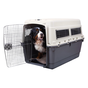SportPet Airline Compliant LARGE 31.5" Travel Dog Kennel- Durable Plastic Airline Pet Carrier w/ Removable Wheels & Food Bowls, Collapsible Indoor/Outdoor Dog Kennel, Dogs up to 28"L & 20"H-Dark Gray