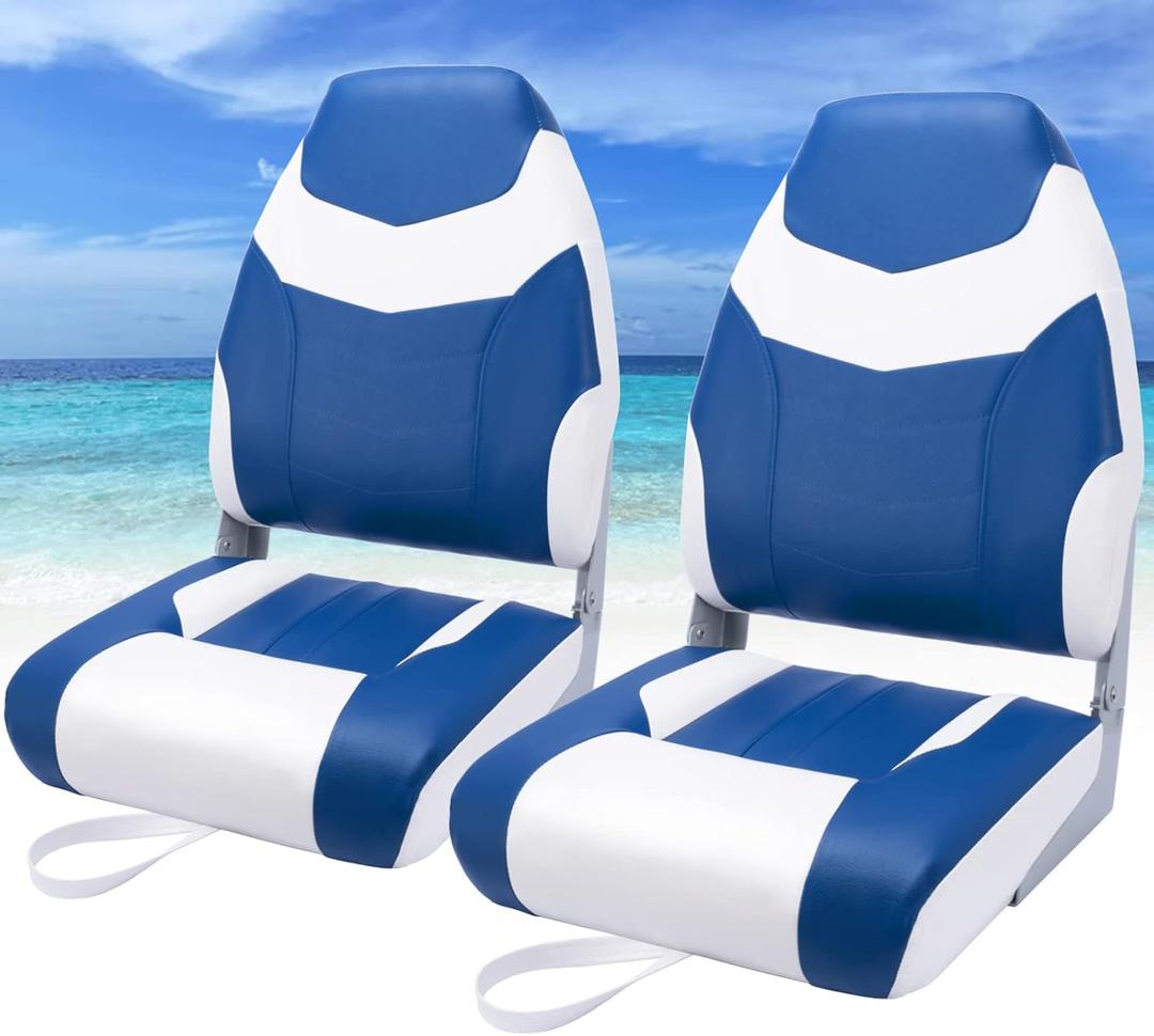 Dreizack Boat Seats 2 Packs, Folding High Back Fishing Waterproof Universal Pontoon Boat Seat Bass Tracker Boat Chairs with Stainless Steel Screws, Aluminum Hinges and Thickened Cushion (Blue&white01)