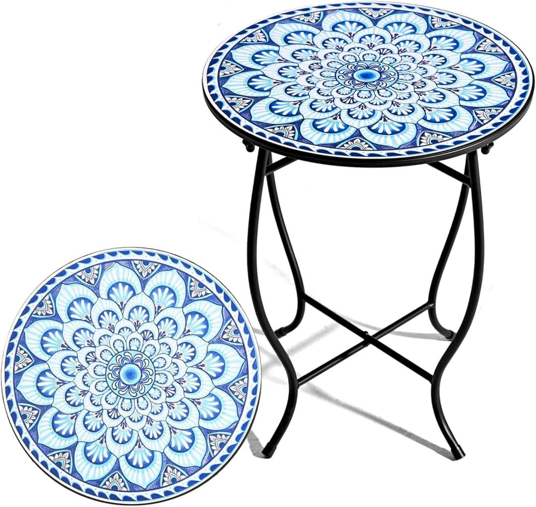 Round Side Table, 14 Patio Accent Weather Resistant Metal Side Table for Livingroom Patio Balcony Yard Porch Garden, Indoor Outdoor Small Plant Stand (Blue)