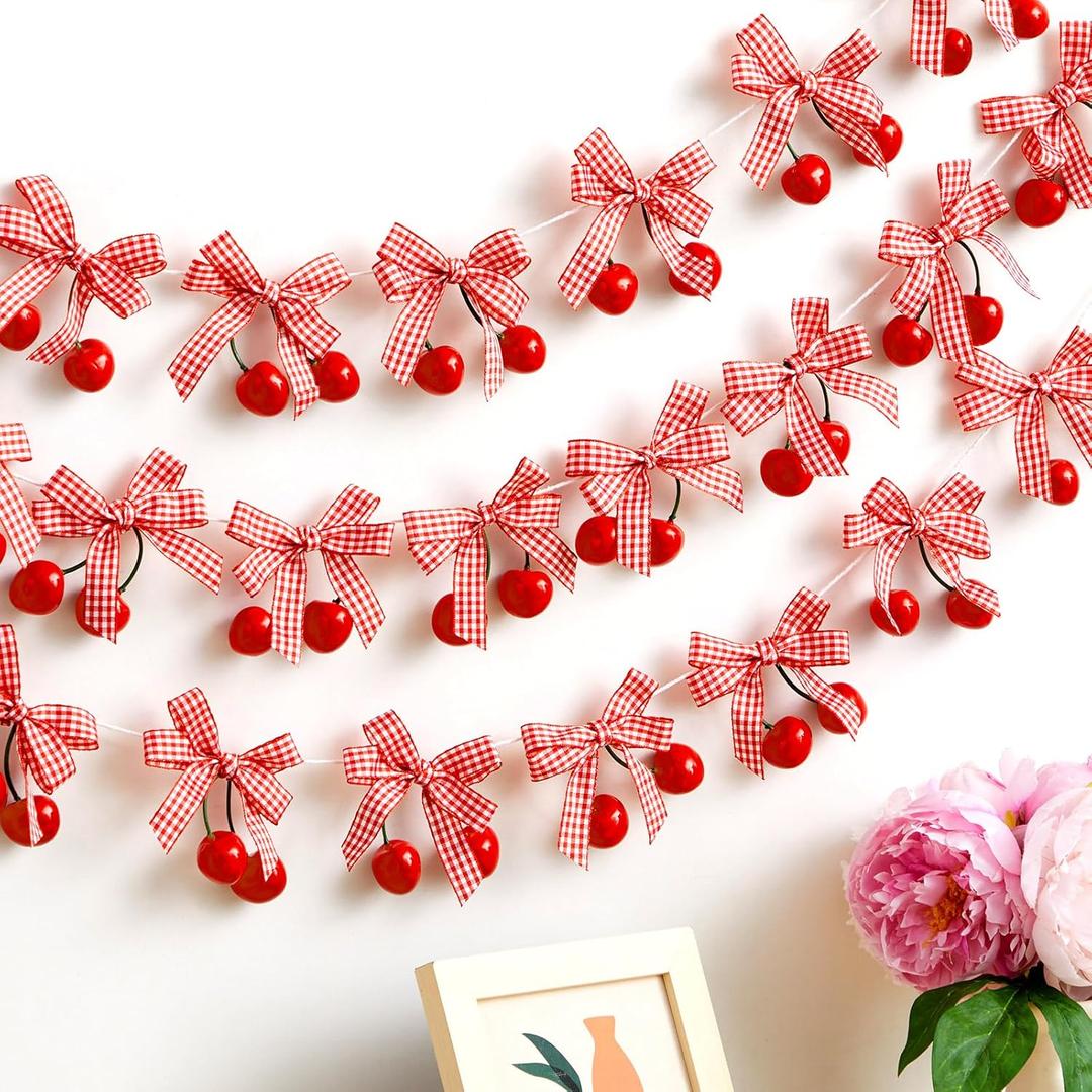 24 Pcs Cherry Party Decorations Cherry Pink Bow Garland Decor Shes The Cherries on Top Party DIY Fruit Hanging Ornaments for Wedding Baby Shower Bachelorette(Red Plaid)