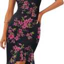 MEROKEETY Women's 2026 Summer Floral Bodycon Dress Square Neck Sleeveless Ruffle Cocktail Mesh Beach Vacation Midi Dresses (X-Large, Black)