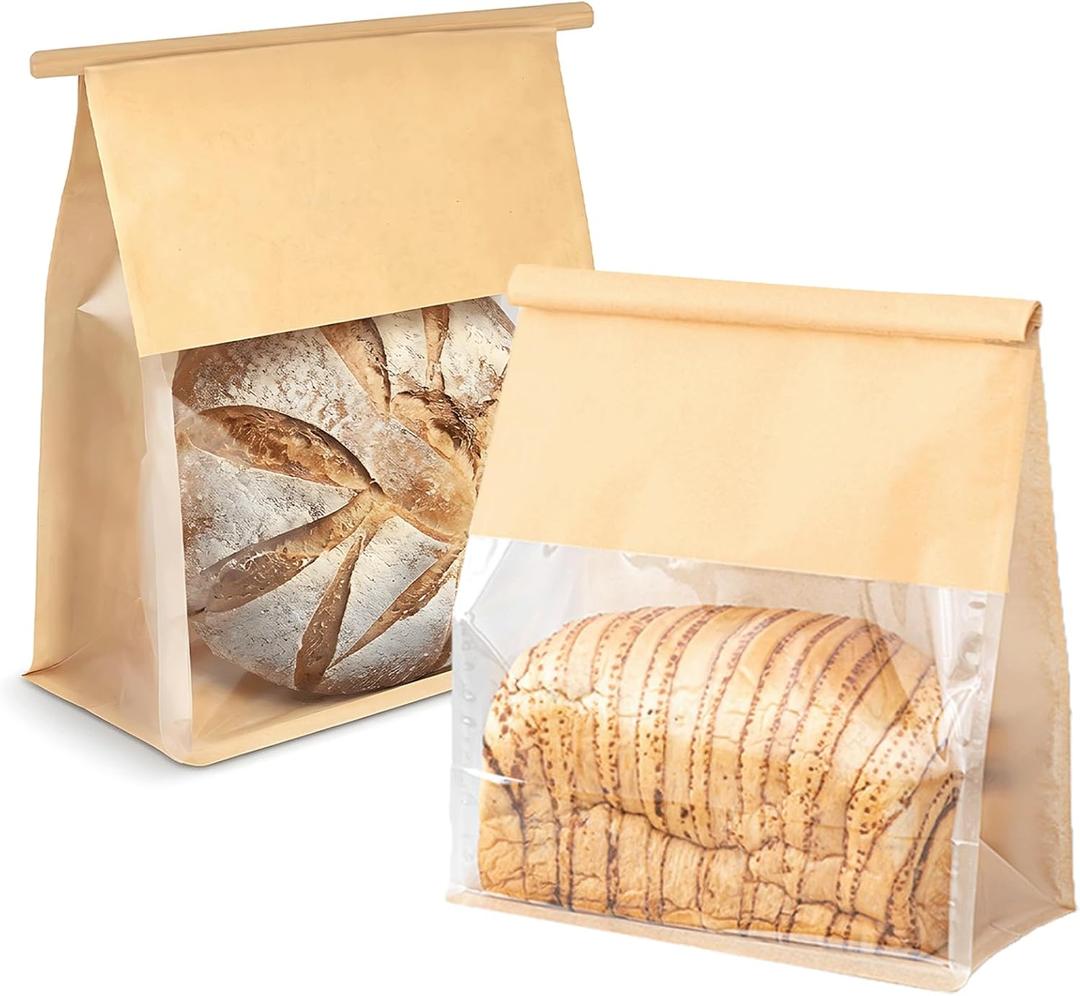 50 Pcs 8.6 Inch Bread Bags with Tin Tie, Large Loaf Bags Made Of Brown Cotton Paper, Storage Packing Bag with Clear Window for Bakery, Cafe, Homemade Bread