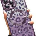 AIGOMARA Phone Case for iPhone 16 Pro [Compatible with MagSafe] Leopard Print Design Glitter Bling Case Shockproof Scratch-Resistant Soft TPU Cover for Women - Purple