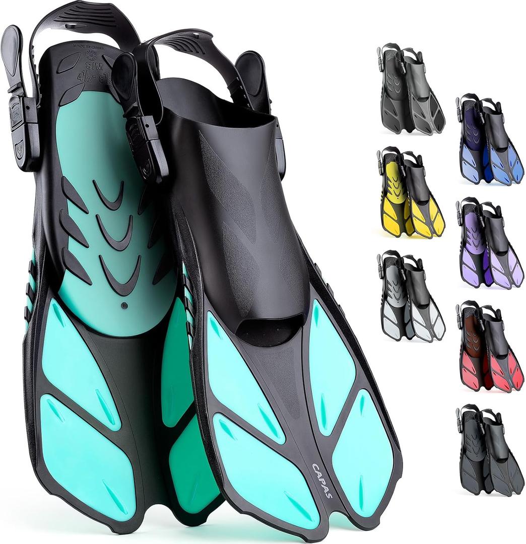 CAPAS Snorkel Fins, Swim Fins Travel Size Short Adjustable for Snorkeling Diving Adult Men Women Kids Open Heel Swimming Flippers (Green)