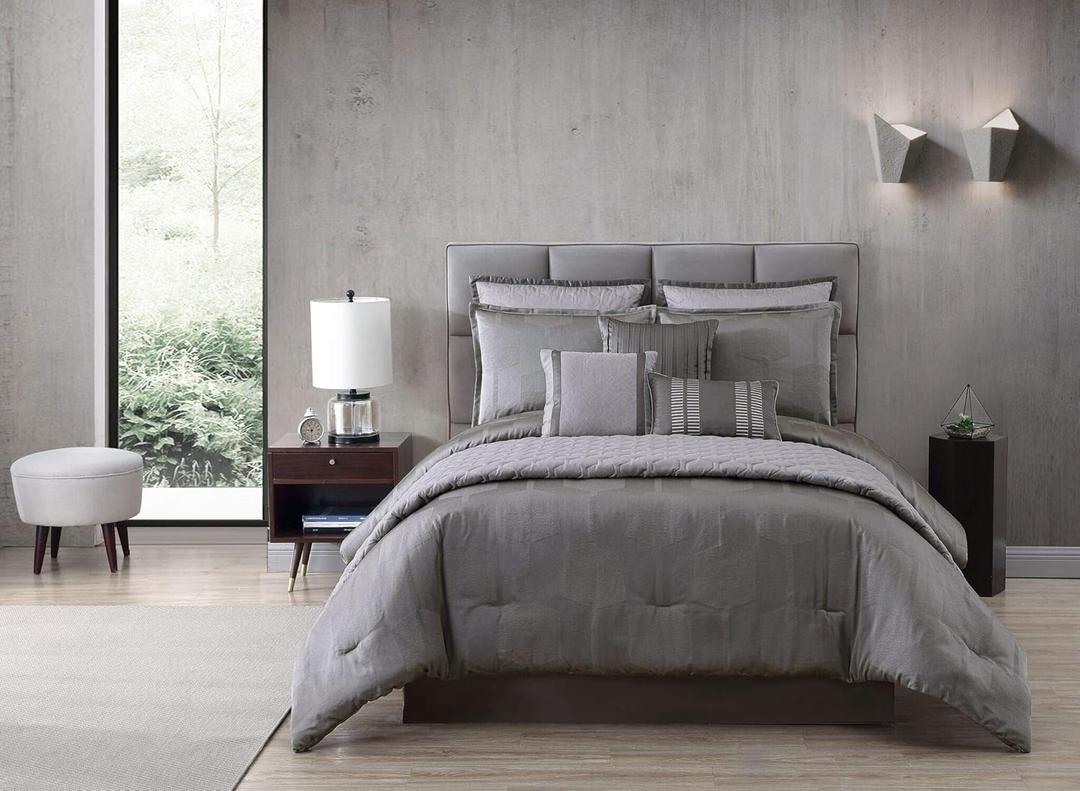 Riverbrook Home 100% Polyester Comforter Set, Queen, Gilmore - Gray, 10 Piece Set