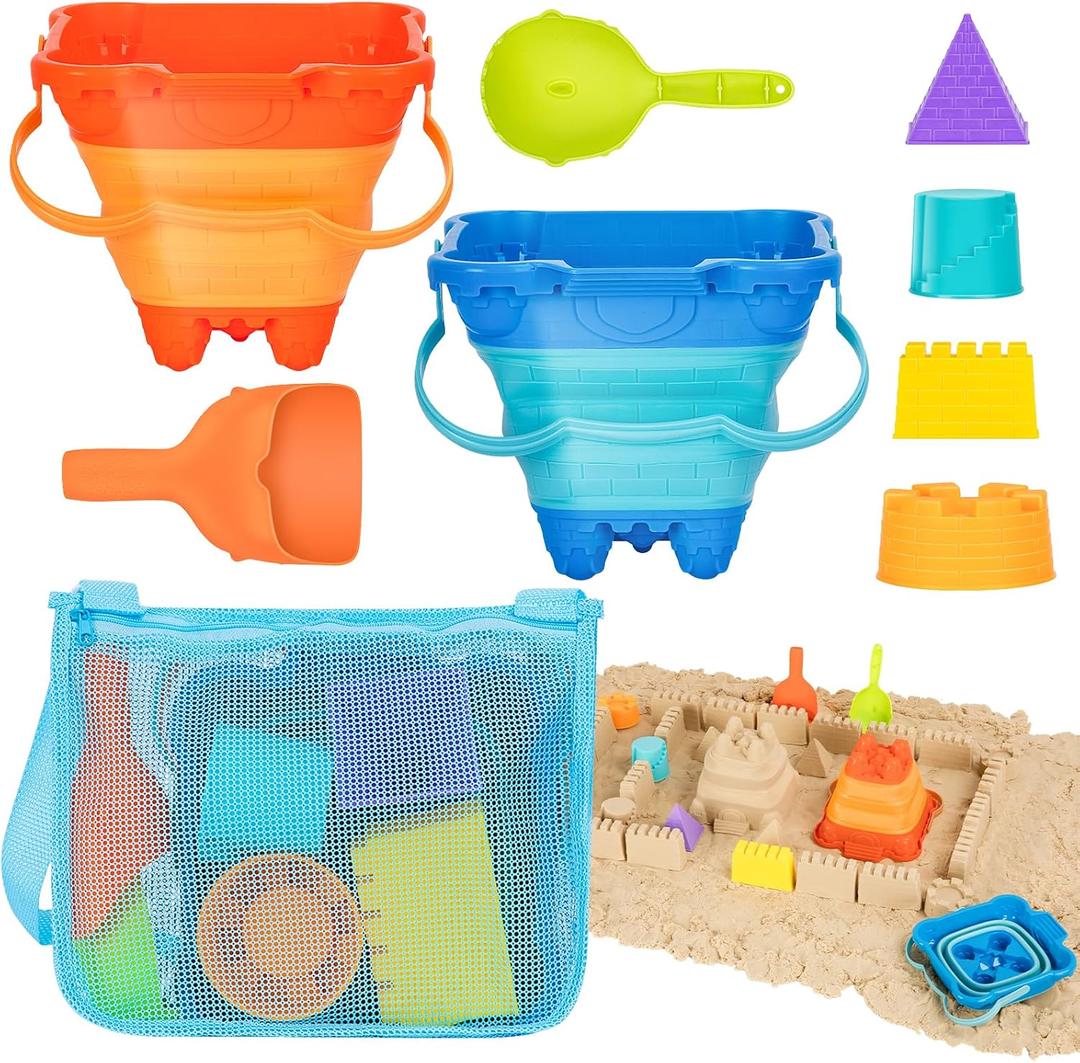 Beach Toys, Collapsible Sand Toys - 9pcs Sand Castle Building Kit: Foldable Sand Buckets, Shovels, Castle Molds & Packable Mesh Bag - Sandbox Toys for Toddlers, Kids Ages 3-12, Beach Travel