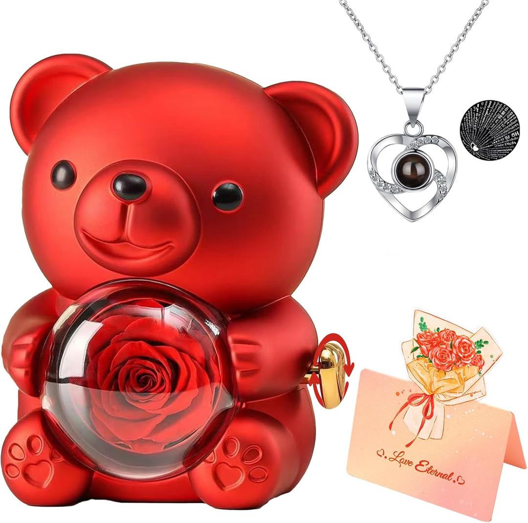 Teddy Bear with Preserved Rose, Romantic Everlasting Rose Bear with I Love You Necklace 100 Languages and Beautiful Gift Box, Mother's Day, Anniversary, Birthday and Valentine's Day Surprise Gifts (Red)