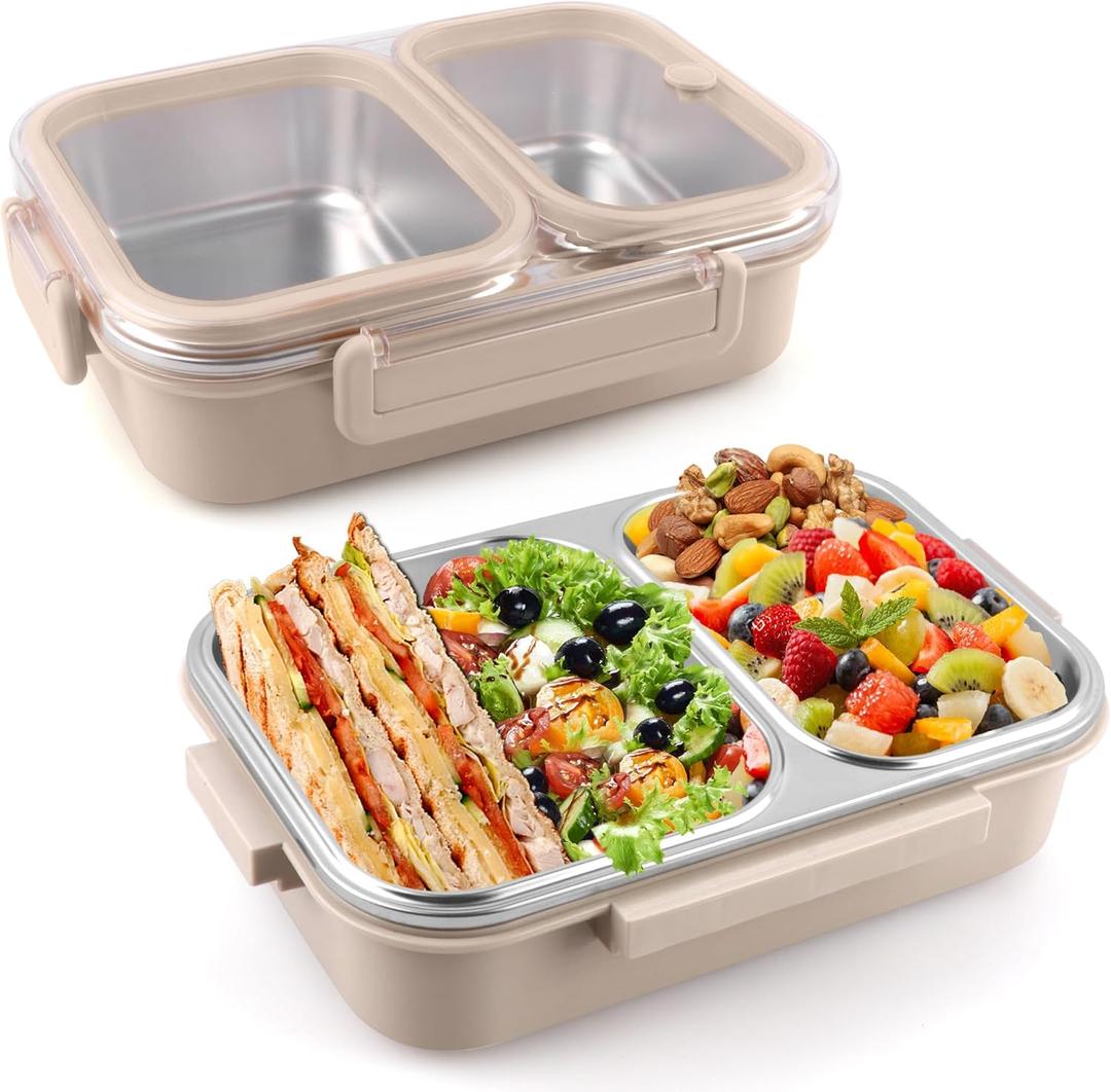 Stainless Steel Lunch Box with 2 Compartments, Leakproof, 30.5 oz Food Storage Containers, Bento Box for Adults,Men,Women(Beige)