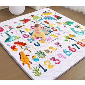 Baby Play Mat - Thicken 50x60 Inch Soft Foam Crawling Mat for Playpen & Floor, Non-Slip Waterproof Playmats for Infants & Toddlers, Portable Foldable & Machine Washable, Dinosaur & Letters