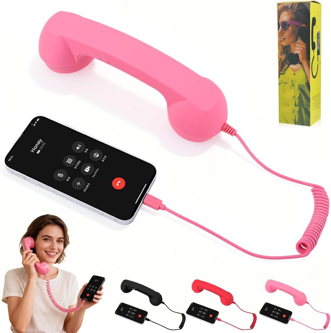 Retro Phone Handset, 2026 New Retro Style Type-C Phone Handset,Vintage Wired Plug in Handheld Cell Phone Receiver with Microphone, Suitable for Cell Mobile Video Conferences,Calls,Meetings (Pink)