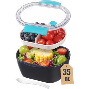 Small Salad Container for Lunch-35oz Divided Bento Box Lunch Box for Fresh Meals,Portable Salad Bowls To Go with 2-Compartment Tray Meal PrepLeak Proof Tritan Lid, Dishwasher & Microwave SafeNavy