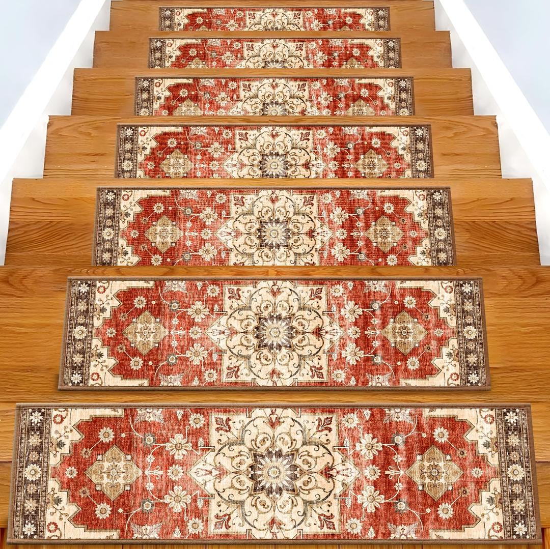 Non-Slip Carpet Stair Treads 15PCS, 8"x30" Peel and Stick Stair Runner for Wooden Steps Indoor, Washable Reusable Adhesive Backing, Pet-Friendly Safety Mats for Kids, Elders, Dogs (Vermilion Red l Beige)