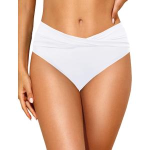 Tempt Me Women Mid Waist Bikini Bottoms - V Cut Bathing Suit Bottoms Twist Front Swimsuit Bottoms Ruched Swimwear 2025 (Small, White)