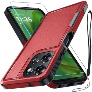 RMOCR for Moto G Power 5G 2025 Case, Full Body Heavy Duty Rugged Shockproof Protective Phone Cover with Lanyard Strap, Tempered Glass Screen Protector, Red