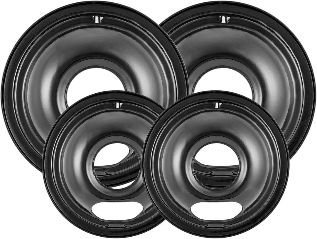 4 Pack Black Cooktop Drip Pans, Compatible with GE Hotpoint Stove. Include 2 Pcs 6'' Range Replacement Drip Pans and 2 Pcs 8 '' Burner Drip Pans for Electric Stove Top 4 Pack Black Cooktop Drip Pans, Compatible with GE Hotpoint Stove. Include 2 Pcs 6'' Range Replacement Drip Pans and 2 Pcs 8 '' Burner Drip Pans for Electric Stove Top