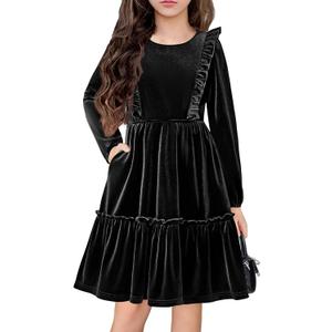 Arshiner Girls Dress Long Sleeve Ruffled Hem Casual Velvet Dress with Pockets 5-14 Years (7-8 Years, Black)