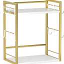 Dorhors 2 Tier Coffee Bar Accessories and Organizer,Multifunctional Mug Holder with 12 Hooks,Wood Coffee Station Organizer,Kitchen Countertop Shelf (Gold + White)