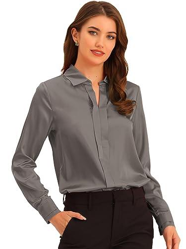 Allegra K Women's Silk Top Elegant V Neck Satin Blouse Long Sleeve Dressy Business Shirt Work Tops 2025 Small Grey Size S