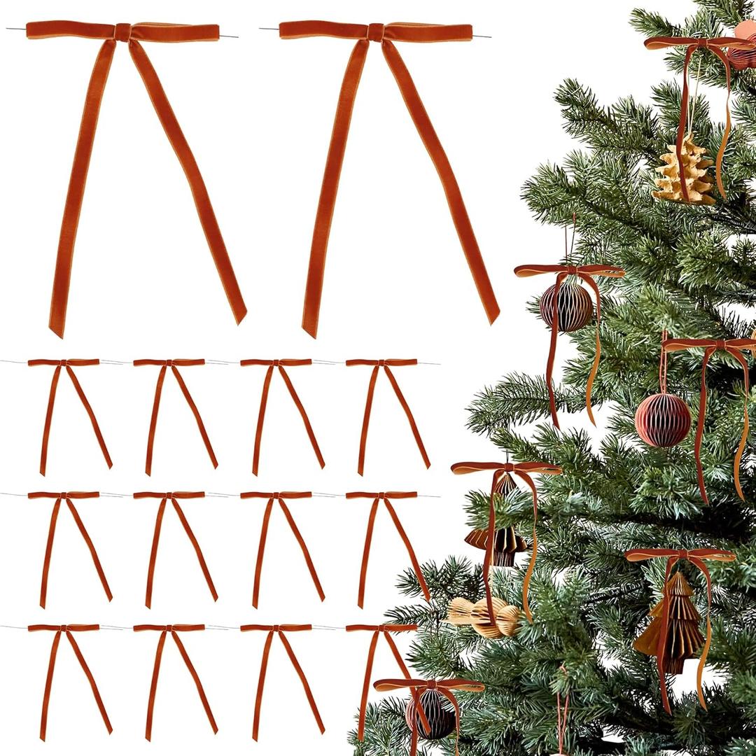 AIMUDI Orange Velvet Christmas Tree Bows 4.5" x 7" Wreath Bows Christmas Bows for Holiday Crafts, Wreaths, Garlands, Staircase, Gift Wrapping, Home Outdoor Winter Christmas Decorations, 24 PCs
