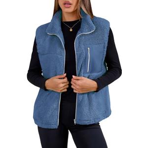SimpleFun Women's Fuzzy Fleece Vest Trendy Zip Up Sleeveless Sherpa Jacket Stand Collar Winter Coat Outerwear with Pockets (Blue) M
