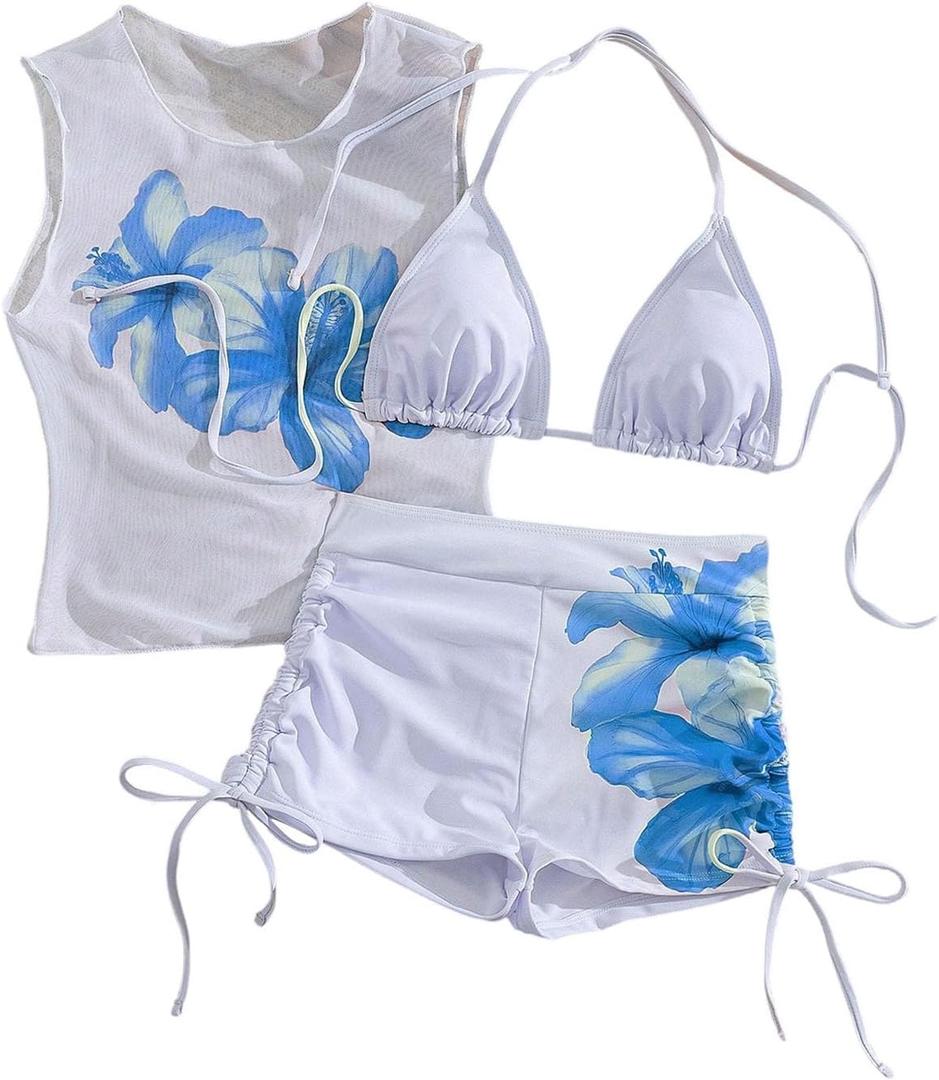 GORGLITTER Women's 3 Piece Swimsuits Triangle Halter String Bikini Top Bathing Suit with Shorts (White, L)