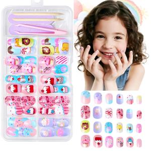 120Pcs Press on Nails for Kids Colorful Short Fake Nails for Children Cake Glue on Nails Acrylic Full Cover False Nail Art Sweetmeats Candy Stick on Nail Kits for Girls Kid Manicure
