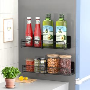 Magnetic Spice Rack for Refrigerator, 2 Pack Magnetic Shelf for Fridge with 4 Hooks, Black Magnetic Shelves, Organization and Storage Kitchen, Magnet Shelf for Fridge, Cabinet Organization