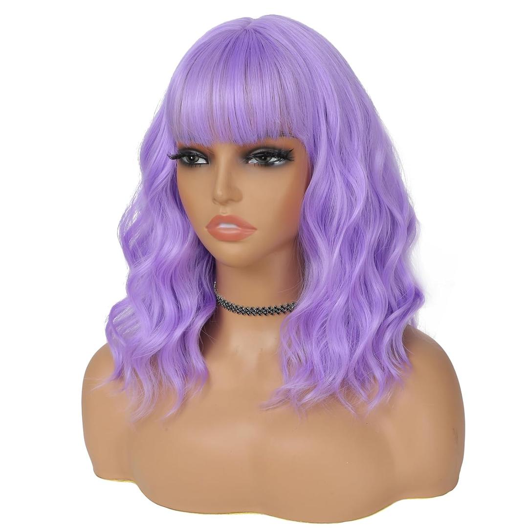 Purple Wig with Bangs for Women 14 Inch Lavender Wigs Short Bob Wavy Curly Wig Heat Resistant Synthetic Colorful Wig