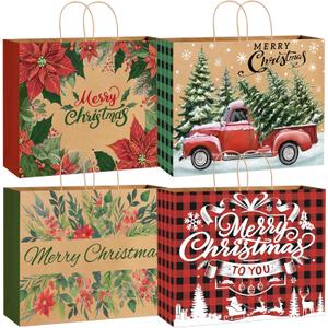 YUJUN 12PCS Extra Large Christmas Gift Paper Bags, Xmas Jumbo Kraft Tote Bags for Gifts Treat Shopping Wrapping Bags for Christmas Holiday New Year Party Favors Supplies