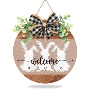 Easter Wreath for Front Door, Easter Bunny Rabbit Wreath with Bow Door Decoration for Home Wood Door Sign Hanger Decor Spring Welcome Farmhouse Rustic Holiday Home Hanging Decoration (Multicolor)