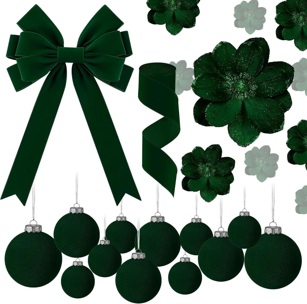 26 PCS Christmas Velvet Ornaments Decor Kit - Tree Toppers Bow, Ribbon, 12 Flocked Christmas Balls & 12 Artificial Magnolia Flowers for Green Holiday Xmas Tree Decorations (Green)