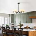 6-Light Black Farmhouse Chandelier with White Fabric Shade, Black Light Fixture for Dining Room Kitchen Island Living Room Entryway.E12.