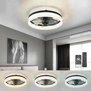 Ceiling Fans With Lights 15.7in, Low Profile Ceiling Fan Flush Mount With Remote, Dimmable LED 3 Color 6 Speeds Timing, Reversible Bladeless Modern Ceiling Fans Fandelier For Bedroom Living Room,