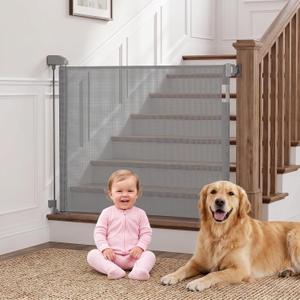 Retractable Baby Gates for Stairs Doorways Hallways, Soft Mesh Safety Retractable Dog Gate for Pet, Indoor Or Outdoor Use, Easy Installation,33.6" Tall,Expands to 55" Wide, Gray